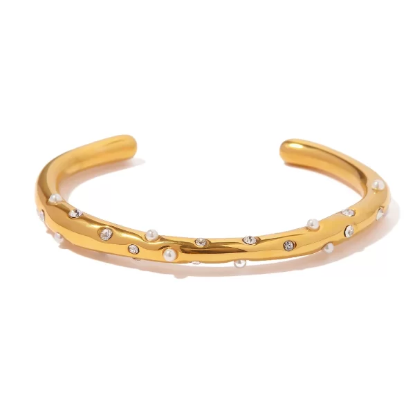 Stainless Steel Pearl Cubic Zirconia Bracelet Geometric Open Cuff Bracelet Minimalist Texture Personalized Jewelry