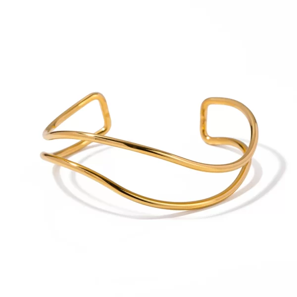 18K Gold Plated Minimalist Stainless Steel Line Wave Double Layer Open Bracelet Charm Date Party Jewelry Gift for Women