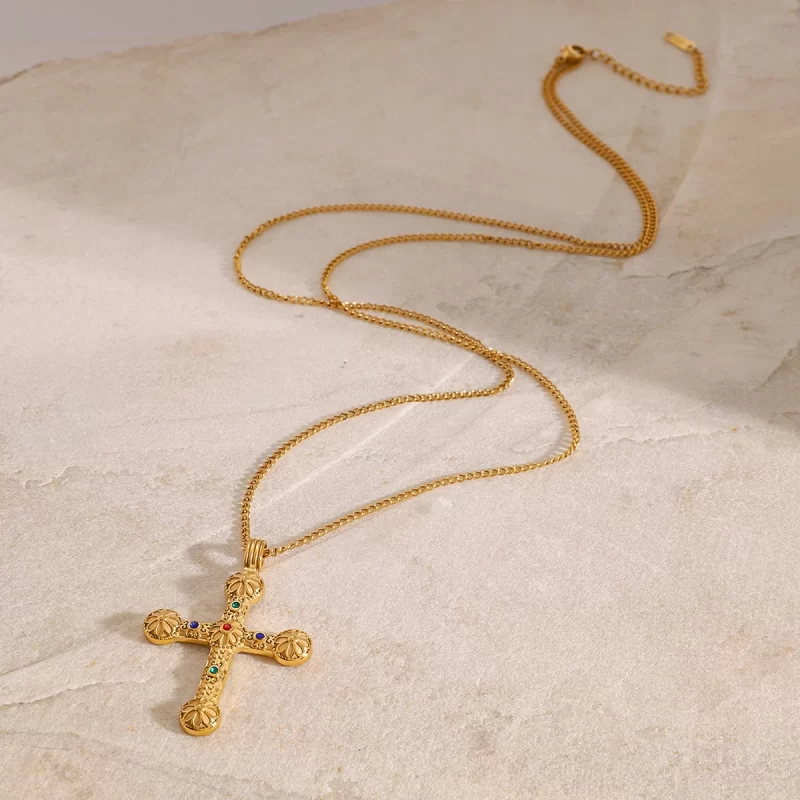 Youthway New Design Gold Plated Colorful Zircon Cross Pendant Necklace For Unisex Waterproof Stainless Steel Jewelry Accessory - Image 4