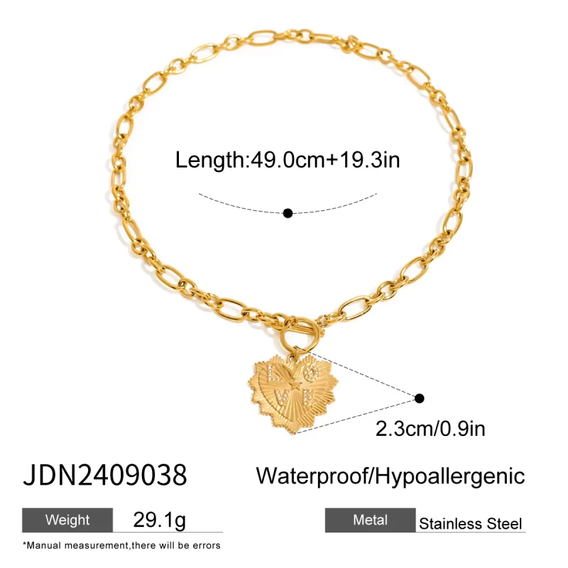 J&D 18k Gold Stainless Steel Ribbed Heart White Rhinestone Letter LOVE Pendant Necklace Romantic Gift 49cm - Image 6