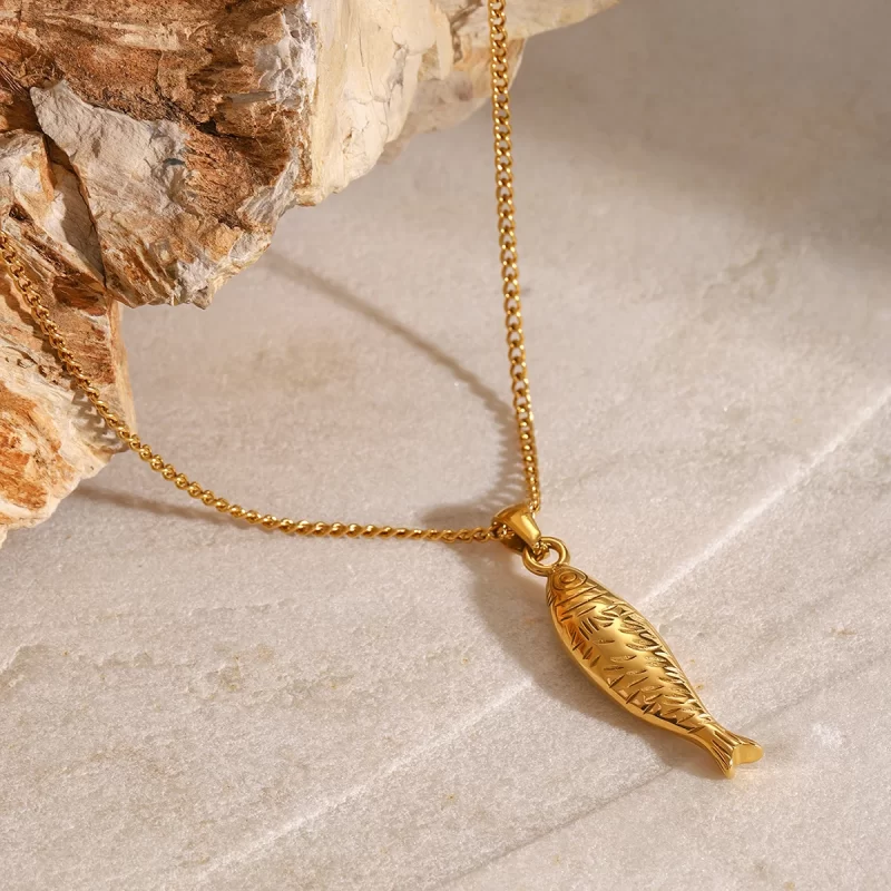Youthway 18K Gold Stainless Steel Patterned Fish Pendant Necklace For Unisex Fashion Waterproof Anti Allergic Jewelry New 2024 - Image 3