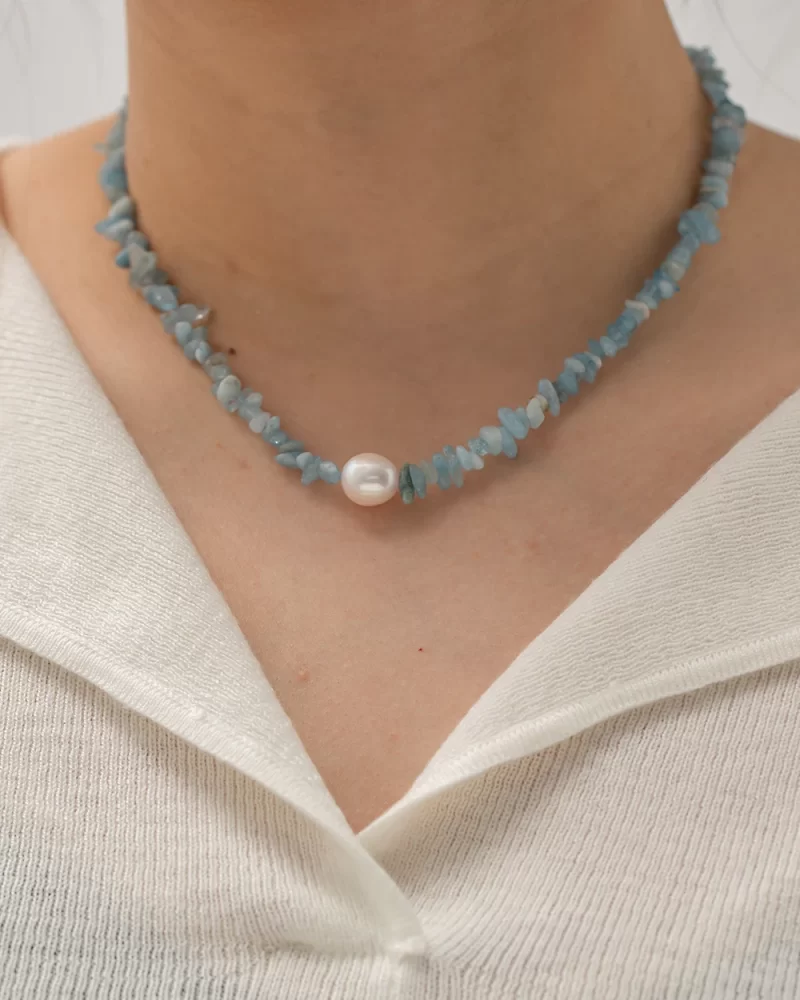 Youthway Ocean Blue Stone Pearl Stainless Steel Necklace Metal Texture Waterproof Trendy Simple Jewelry for Women - Image 3