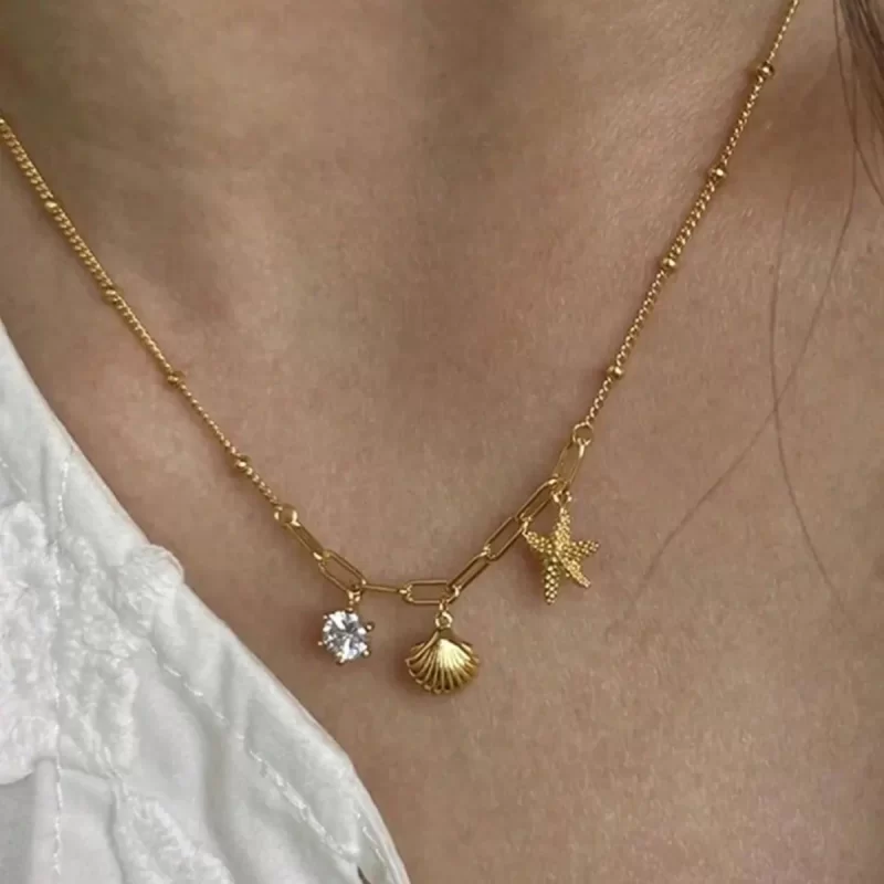Youthway Summer Style Gold Plated Stainless Steel Shell While Zircon Star Natural Stone Charms Necklace Women Jewelry Holiday