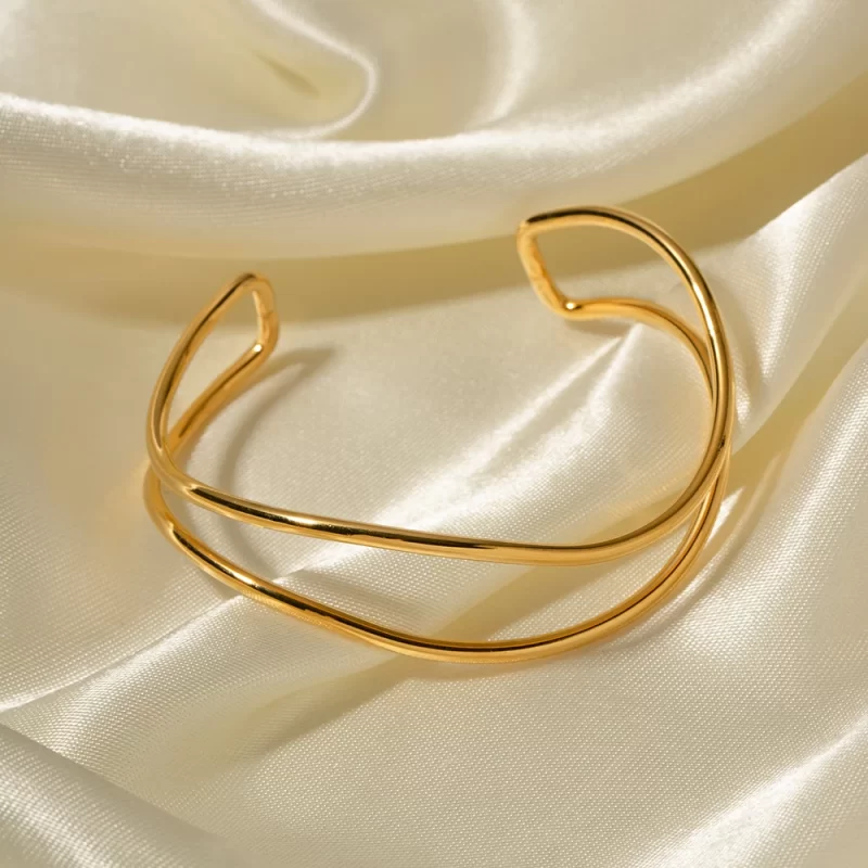 18K Gold Plated Minimalist Stainless Steel Line Wave Double Layer Open Bracelet Charm Date Party Jewelry Gift for Women - Image 4