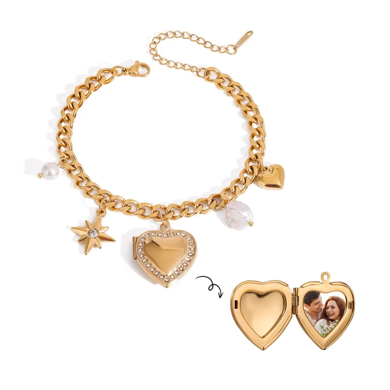 Valentine's Day Love-heart Photo Box Bracelet Imitation Pearl Star Charms Bracelet Set Waterproof Women Jewelry Gift