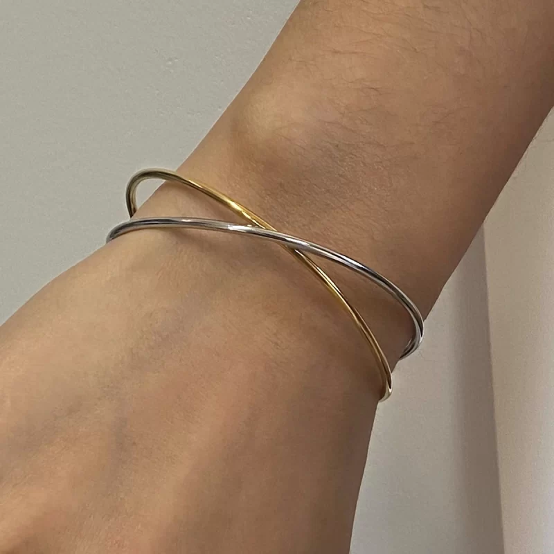 Minimalist Versatile Stainless Steel Gold&Silver Color Smooth Crossed Lines Bracelet Bangle Waterproof Jewelry For Lady - Image 2