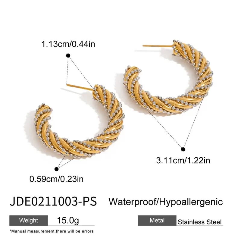 Modern Twisted Rope Hoop Earrings Minimalist C-Shaped Bead Design Two-Tone Stainless Steel Hoop Earrings - Image 6
