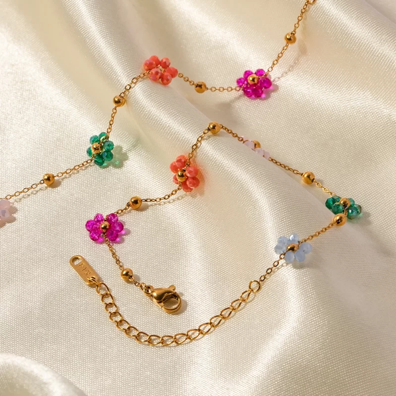 Fashion Trendy Stainless Steel Steel Colorful Floral Chain Bracelet Necklace Set Waterproof Charm Jewelry Set for Women - Image 5