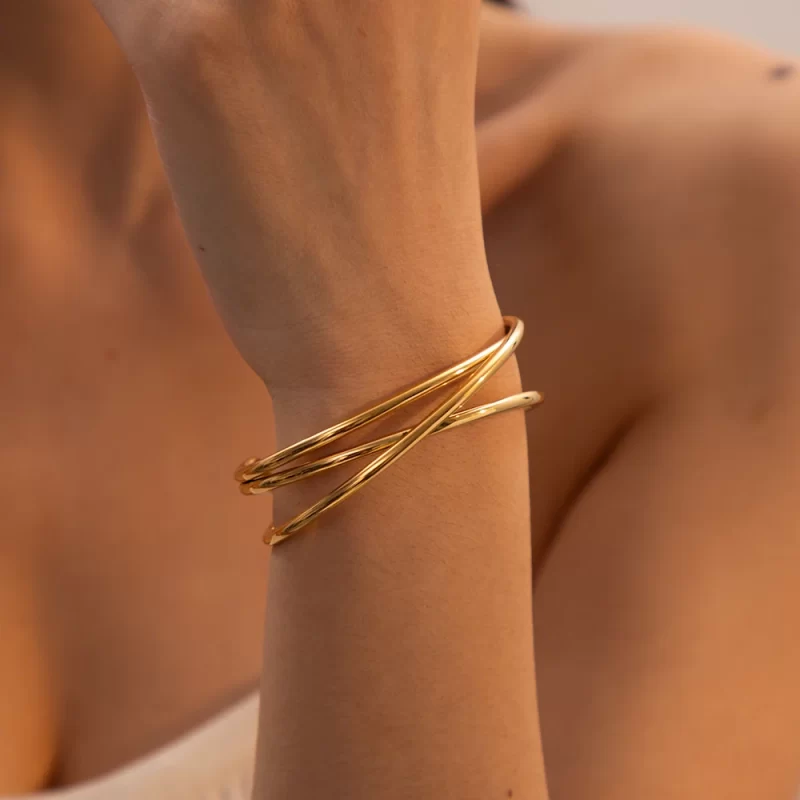 Stainless Steel Metal Line Interlaced Opening Glossy Thin Bracelet 18K Gold Plated Charm Jewelry Gift for Women - Image 2