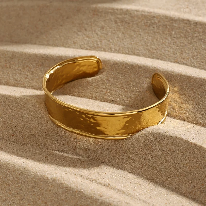Wide Golden Plated Texture Tarnish Free Opening Metal Bangle Unique Designed Daily Cuff Jewelry for Women Party - Image 3
