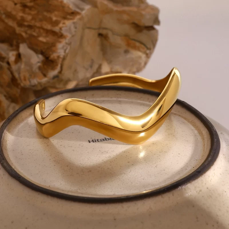 Geometric Wave Stainless Steel Cuff Bracelet Bangle Minimalist Waterproof Metal Wrist Brand Unusual Jewelry For Women - Image 4
