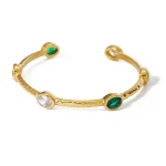 Stainless Steel Vintage Hammered Emerald Olive Green White Oval Zirconia Open Bracelet Exquisite Colorful Tarnish Free