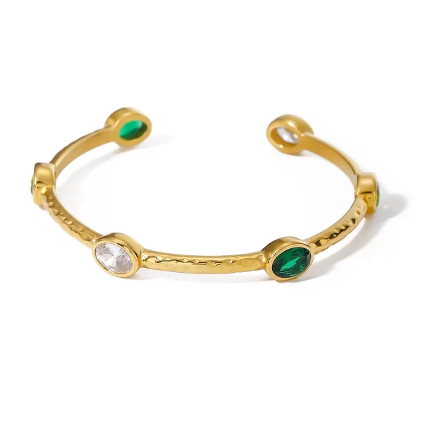 Stainless Steel Vintage Hammered Emerald Olive Green White Oval Zirconia Open Bracelet Exquisite Colorful Tarnish Free