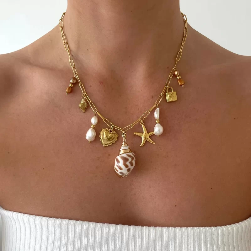 Youthway Conch Freshwater Pearls Starfish Heart Lock Pendant Necklace Stainless Steel 18K Gold-plated Beach Waterproof Jewelry - Image 2