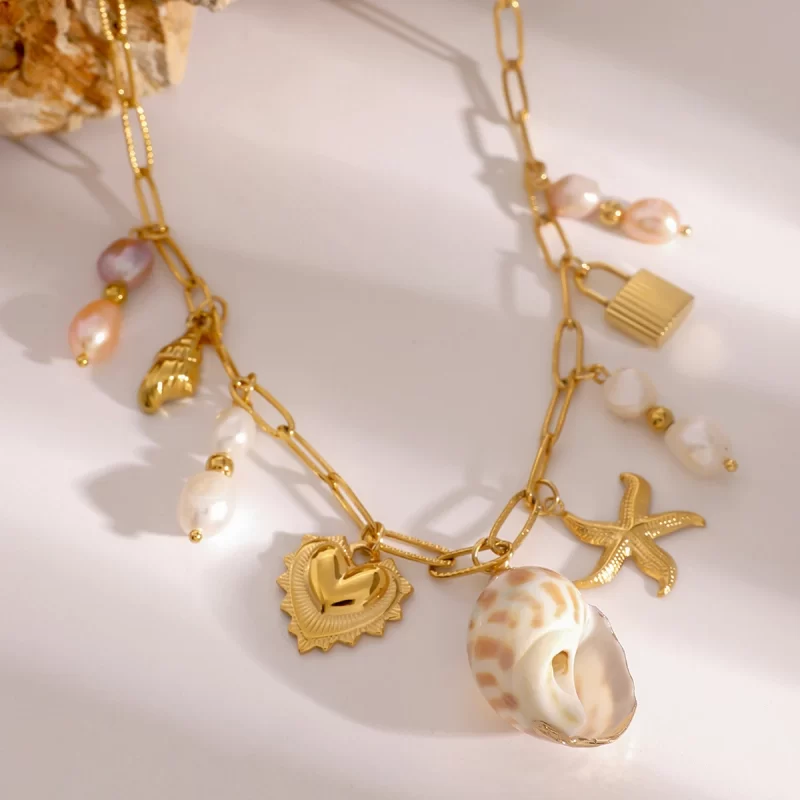 Youthway Conch Freshwater Pearls Starfish Heart Lock Pendant Necklace Stainless Steel 18K Gold-plated Beach Waterproof Jewelry
