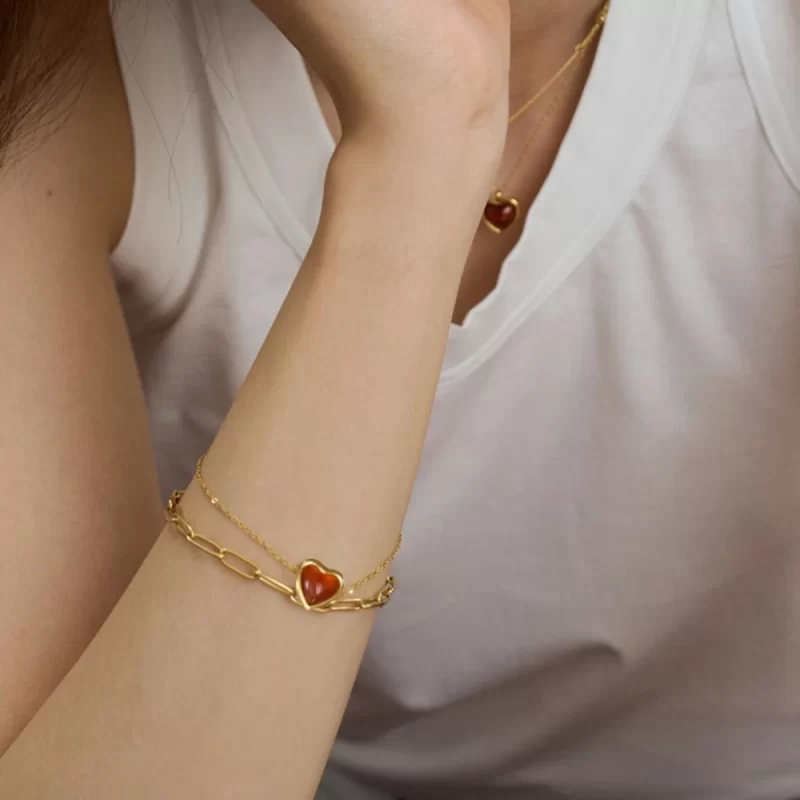 Stainless Steel Inlaid Red Agate Heart Bracelet for Women's Romantic Fashion Jewelry Valentine's Day Gift - Image 2