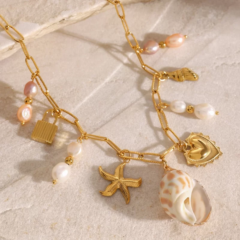 Youthway Conch Freshwater Pearls Starfish Heart Lock Pendant Necklace Stainless Steel 18K Gold-plated Beach Waterproof Jewelry - Image 4