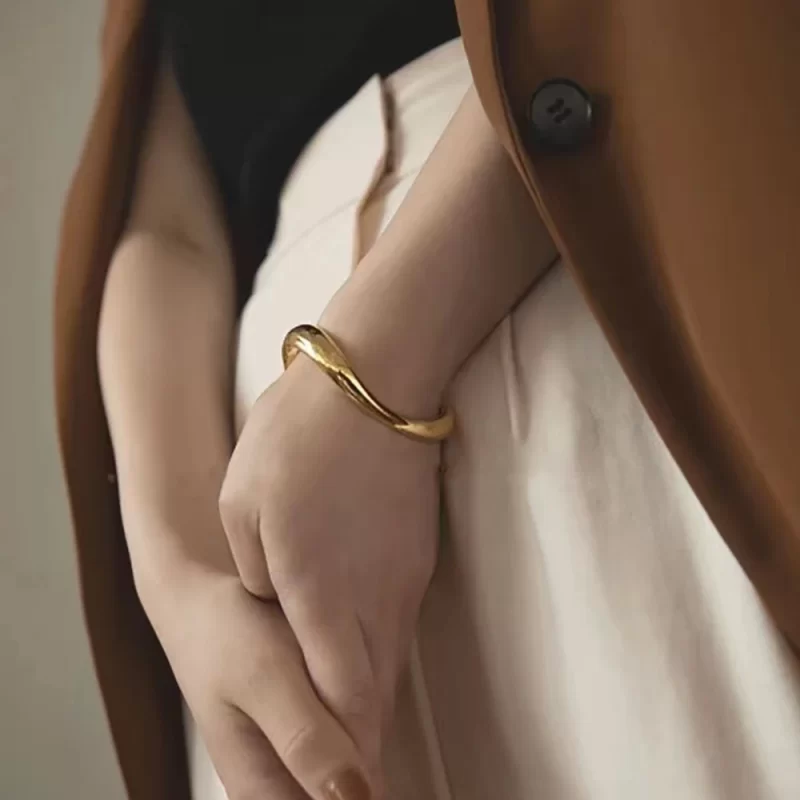 18K Gold Plated Stainless Steel Simple Irregular Wavy Smooth Open Bracelet for Women Elegant Waterproof Jewelry Gift - Image 3