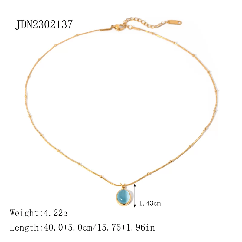 Charm 18K Gold Plated Stainless Steel Jewelry Gift Bead Chain Blue Cubic Zirconia Oval Pendant Necklace - Image 6
