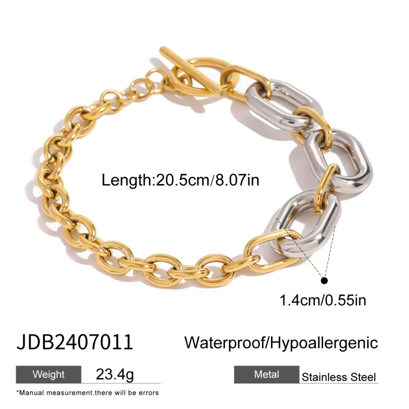 18k Gold Stainless Steel Gold and Silver Color Block Oval Hollow Circle Cross Chain Bracelets - Image 6