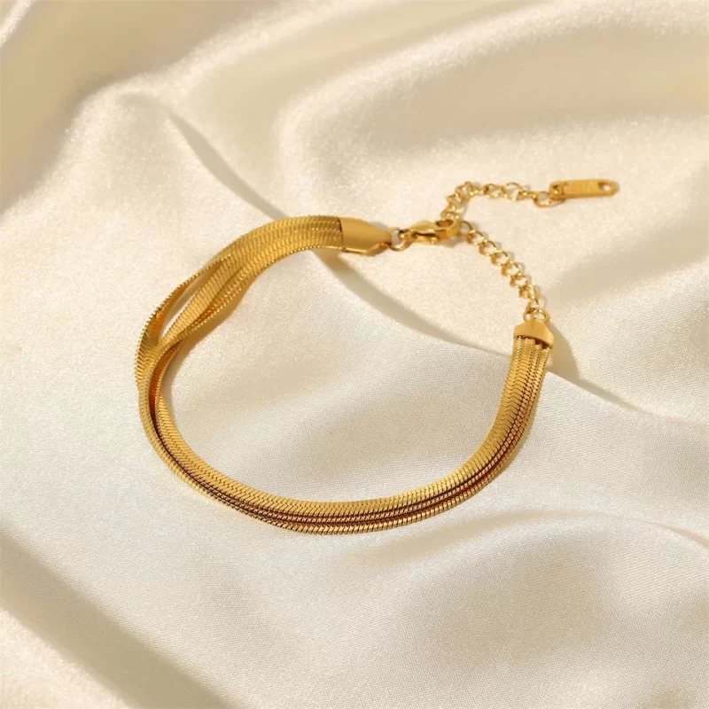 Flat Snake Chain Three Layer Snake Chain Bracelet Stainless Steel 18K Gold Plated PVD Metal texture rust-proof and waterproof - Image 4