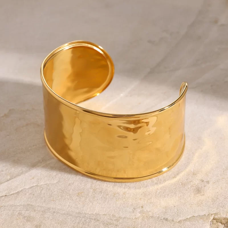 Waterproof Stainless Steel Trendy Wide Hammered Texture Opening Cuff Bracelet 18K Gold Plated Women Daily Jewelry - Image 4