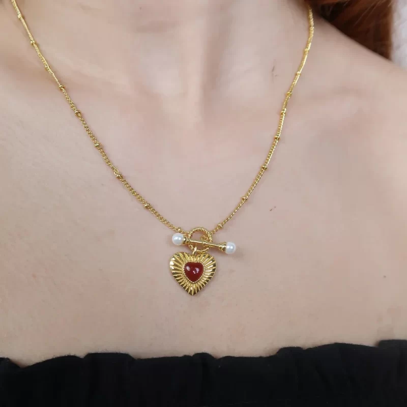 Youtthway Red Agate Heart Stainless Steel Jewelry Sets Gold Plated Necklace Heart Ring And Anti Allergic Earrings Sets For Gifts - Image 3