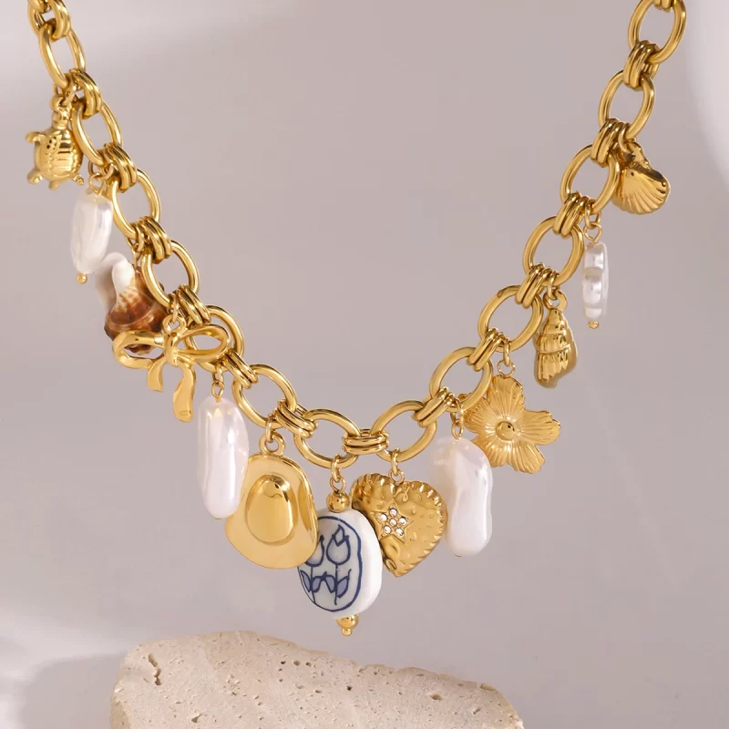 Youthway Stainless Steel Pearl Conch Turtle Cubic Zirconia Heart Porcelain Bead Flower Pendent Necklace Waterproof Beach Jewelry
