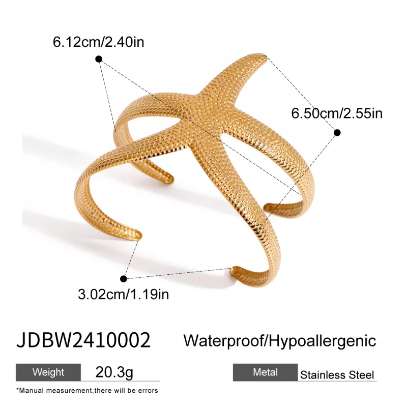 New Design Gold Plated Stainless Steel Hammer Patterned Starfish Opening Bracelet Bangle Waterproof Women Jewelry - Image 6