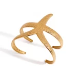 New Design Gold Plated Stainless Steel Hammer Patterned Starfish Opening Bracelet Bangle Waterproof Women Jewelry