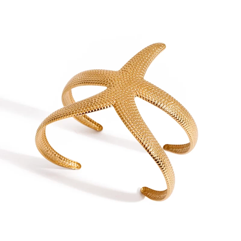 New Design Gold Plated Stainless Steel Hammer Patterned Starfish Opening Bracelet Bangle Waterproof Women Jewelry