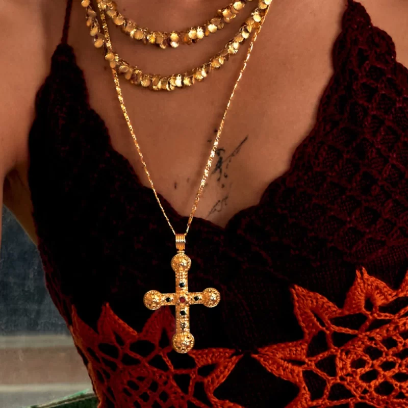 Youthway New Design Gold Plated Colorful Zircon Cross Pendant Necklace For Unisex Waterproof Stainless Steel Jewelry Accessory - Image 3