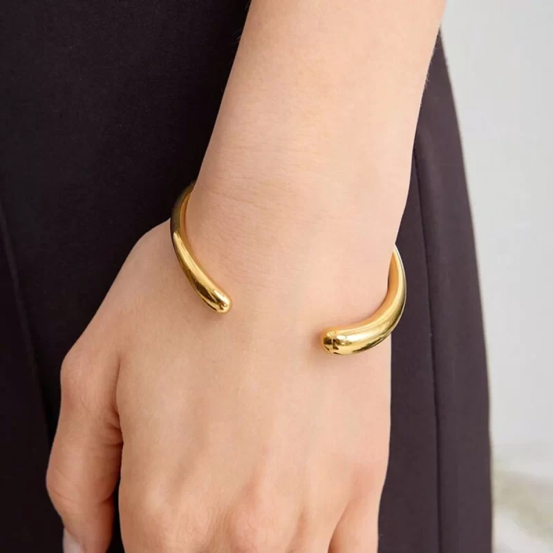 18K Gold Plated Minimalist Open Bangle Bracelets Stainless Steels Metal Irregular Texture Daily Jewelry Women - Image 2