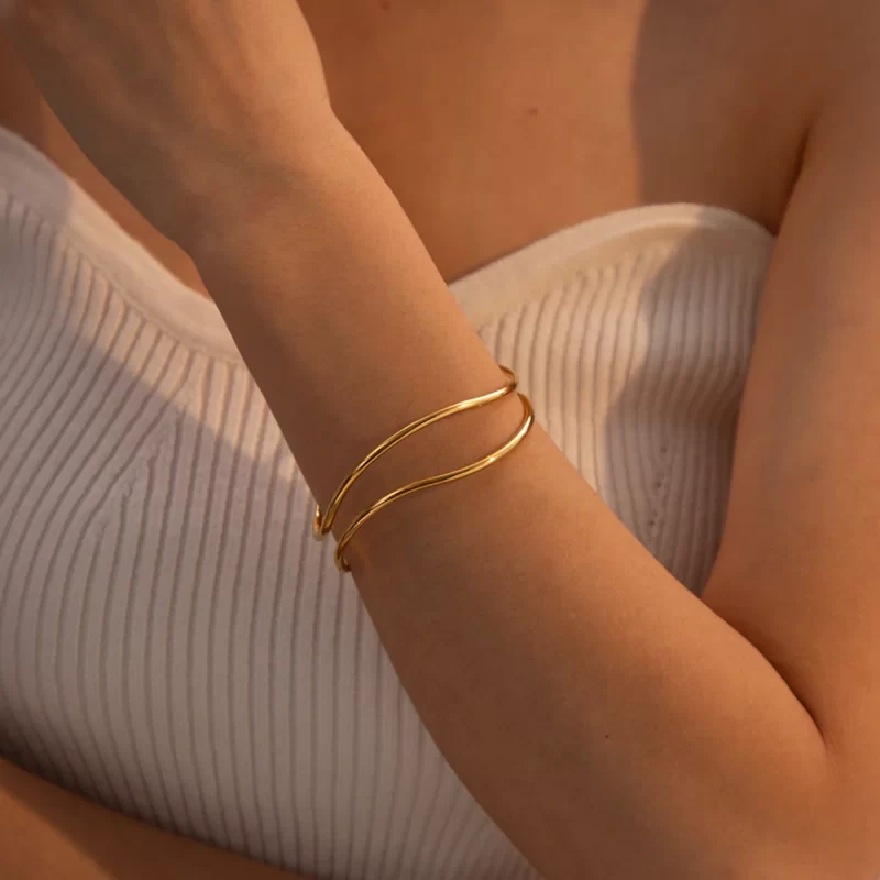 18K Gold Plated Minimalist Stainless Steel Line Wave Double Layer Open Bracelet Charm Date Party Jewelry Gift for Women - Image 3