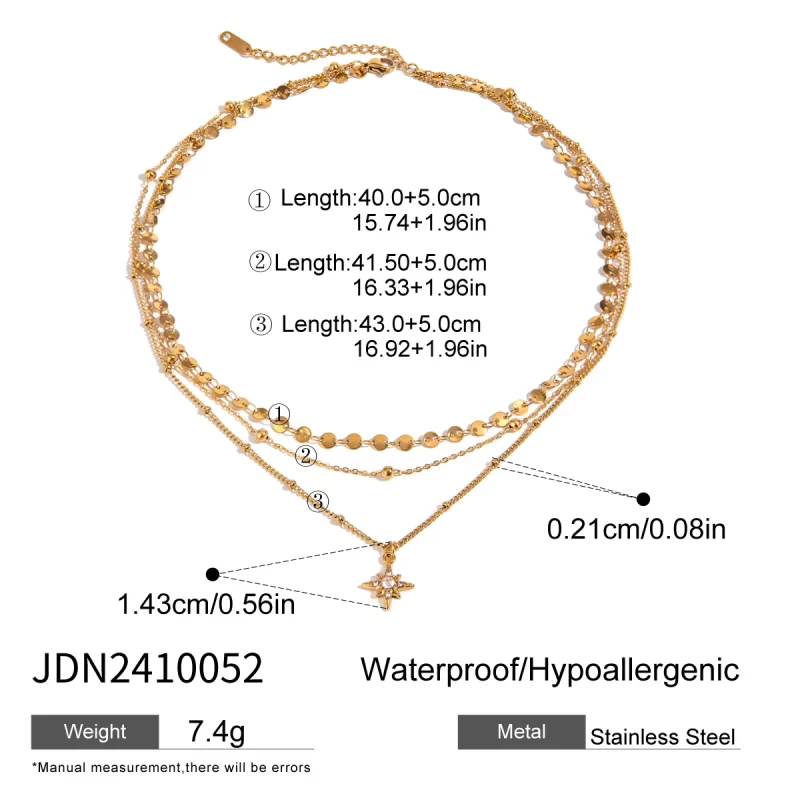 Youthway Rhinestone Star Layered Chain Pendant Necklace Women Stainless Steel Golden Metalic Waterproof Texture Necklace Jewelry - Image 6