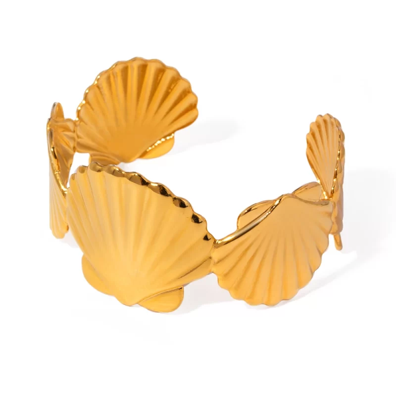Big Shell Ribbed Wide Open Cuff Bracelet Bangle Stainless Steel Texture Metal 18K PVD Plated Jewelry for Women Gift
