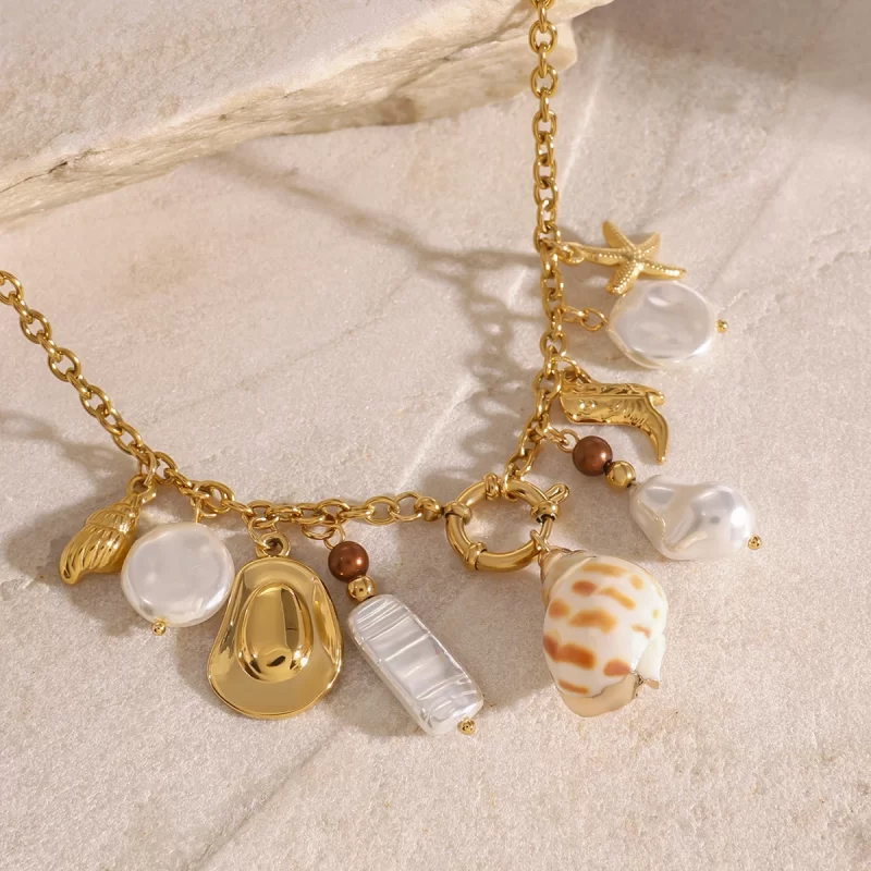 Youthway Bohemian Stainless Steel Pearl Conch Starfish Pendant Necklace For Women Waterproof Ocean Beach Jewelry Gift