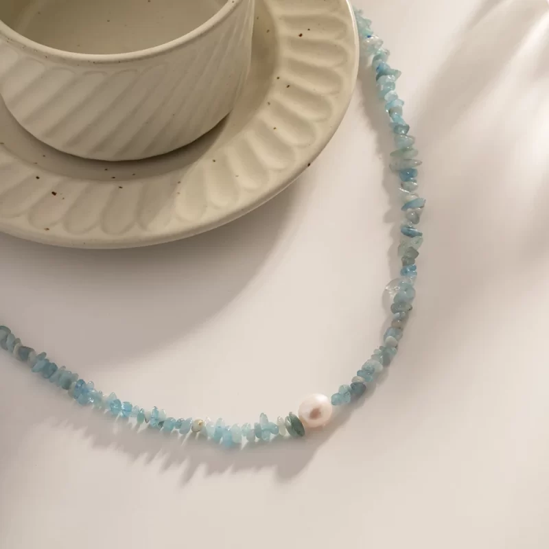 Youthway Ocean Blue Stone Pearl Stainless Steel Necklace Metal Texture Waterproof Trendy Simple Jewelry for Women - Image 2