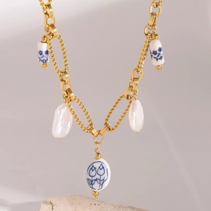 Youthway Stainless Steel Pearl Porcelain bead Pendent Chain Necklace Waterproof 18K Gold-plated Ocean Beach Trendy Jewelry - Image 3