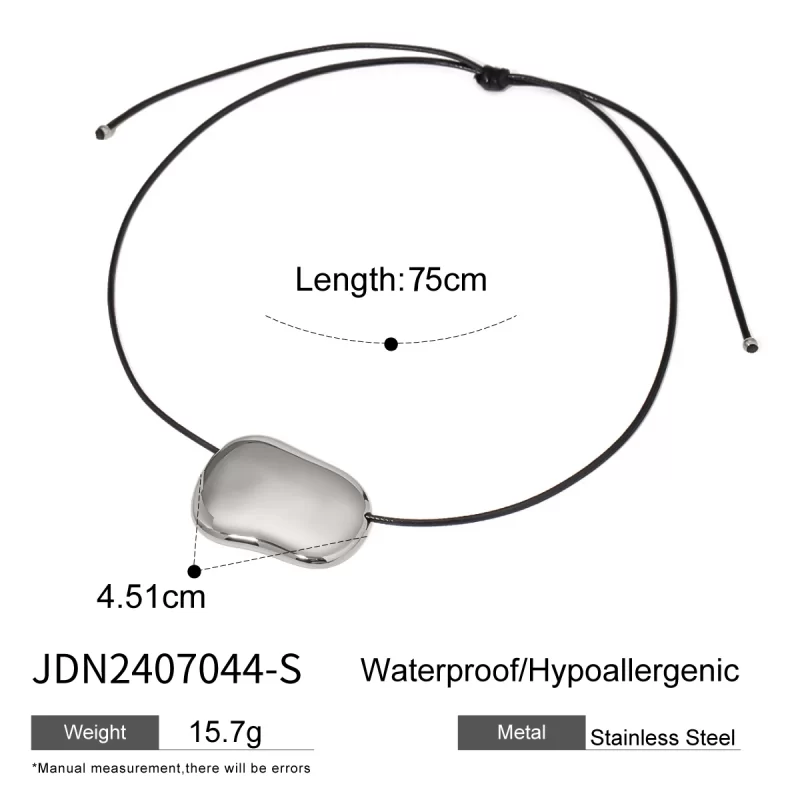 J&D Steel Color Stainless Steel Irregular Large Smooth Pendant Black Cord Necklace Bold Statement 65cm - Image 6