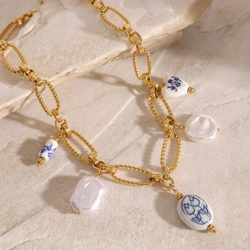Youthway Stainless Steel Pearl Porcelain bead Pendent Chain Necklace Waterproof 18K Gold-plated Ocean Beach Trendy Jewelry