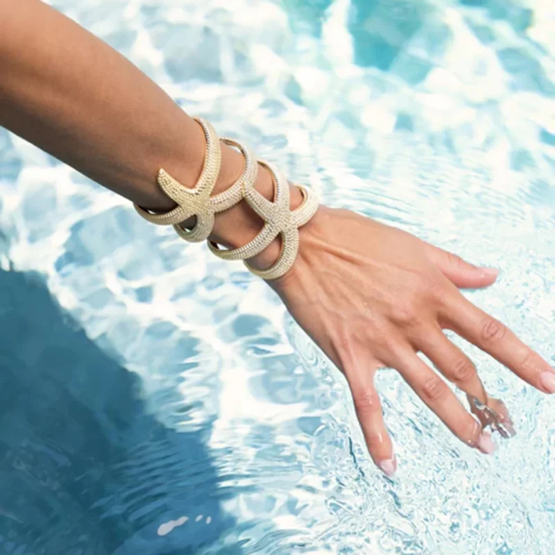 New Design Gold Plated Stainless Steel Hammer Patterned Starfish Opening Bracelet Bangle Waterproof Women Jewelry - Image 2