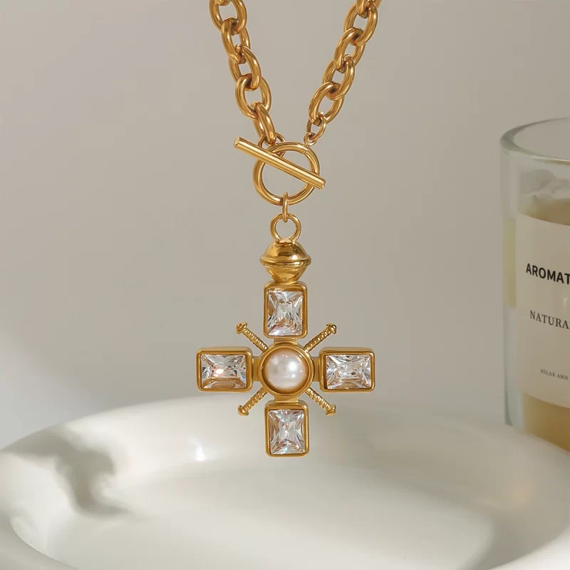 Youthway Specialist Elegant Gold Plated Stainless Steel Rhinestone Imitation Pearl Cross Pendant Necklace Unisex Vintage Jewelry