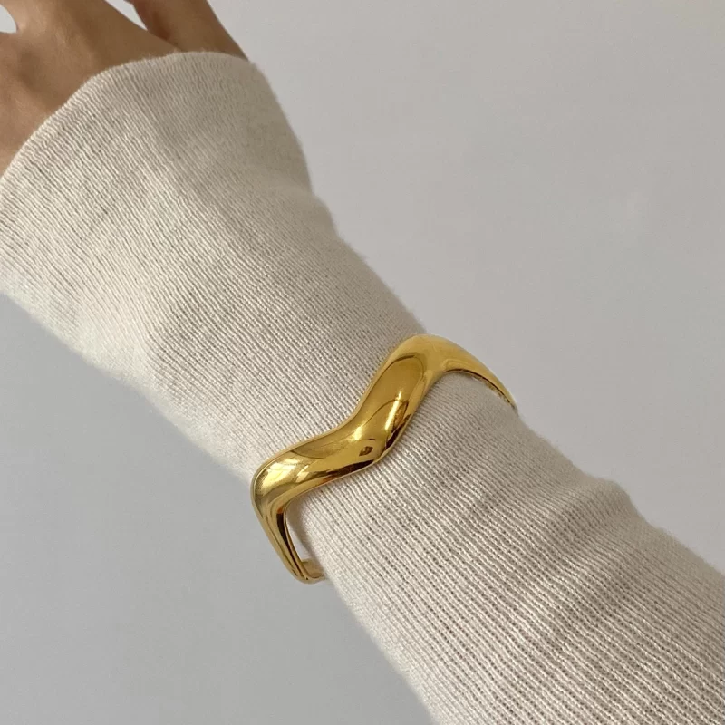 Geometric Wave Stainless Steel Cuff Bracelet Bangle Minimalist Waterproof Metal Wrist Brand Unusual Jewelry For Women - Image 3