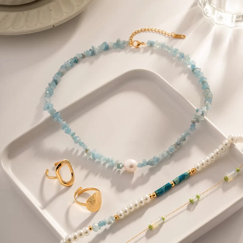 Youthway Ocean Blue Stone Pearl Stainless Steel Necklace Metal Texture Waterproof Trendy Simple Jewelry for Women - Image 5