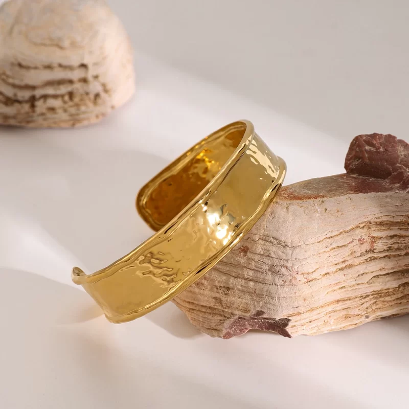 Wide Golden Plated Texture Tarnish Free Opening Metal Bangle Unique Designed Daily Cuff Jewelry for Women Party - Image 4