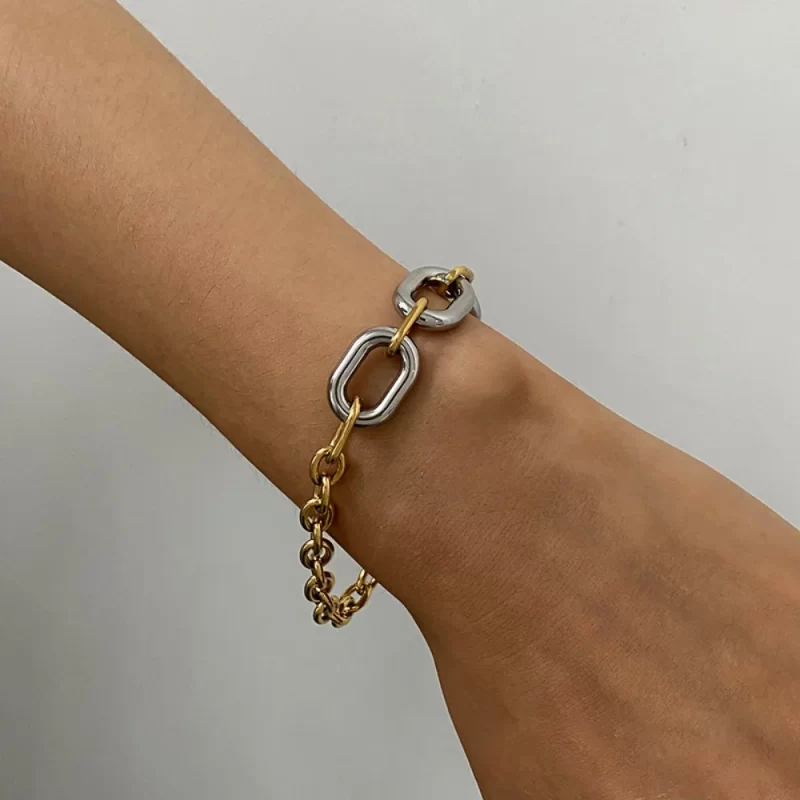 18k Gold Stainless Steel Gold and Silver Color Block Oval Hollow Circle Cross Chain Bracelets - Image 3