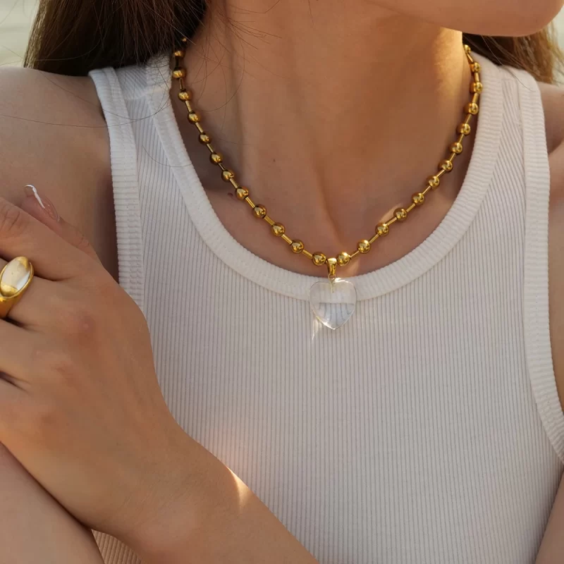 Waterproof 18K Gold Plated Stainless Steel Bead Chain Transparent Quartz Glass Stone Heart Pendant Necklace - Image 4
