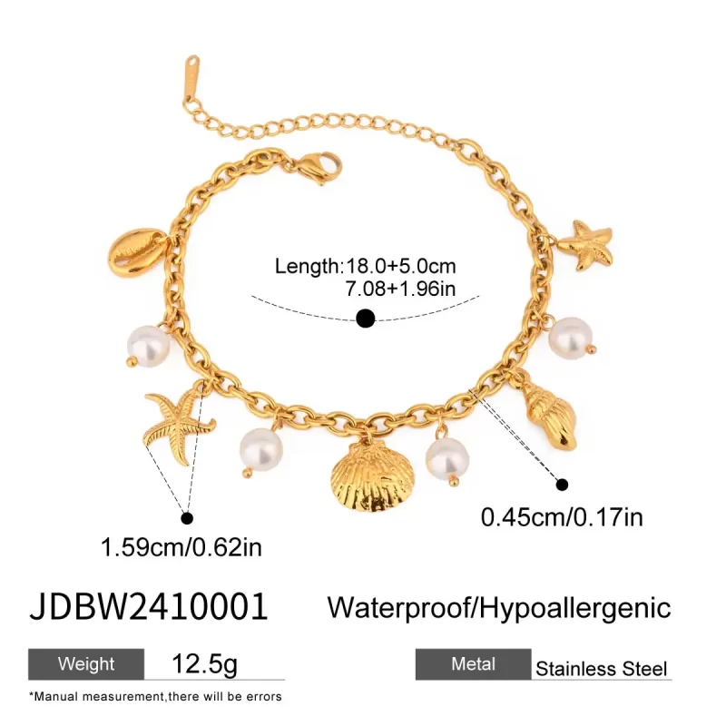 Trendy Ocean 18K Gold Stainless Steel Bracelet Shell Starfish Highlight Glass Pearl Bangles Summer Wearing - Image 5