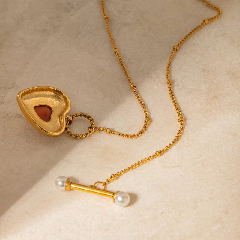 Youtthway Red Agate Heart Stainless Steel Jewelry Sets Gold Plated Necklace Heart Ring And Anti Allergic Earrings Sets For Gifts